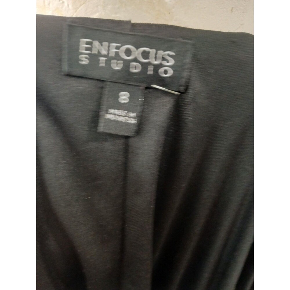 Enfocus Studio Black Ruched Midi Dress Rhinestone Brooch V-Neck Women's Size 8 - Picture 6 of 8